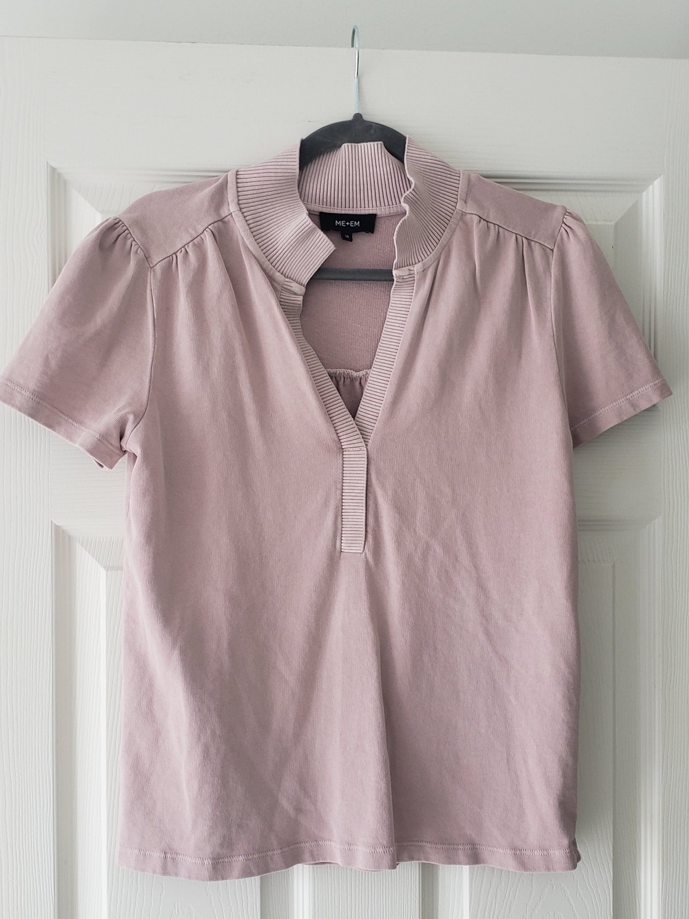 ME+EM Mauve Light Pink Short Sleeve Rib-Trim V-Neck Top Size 10